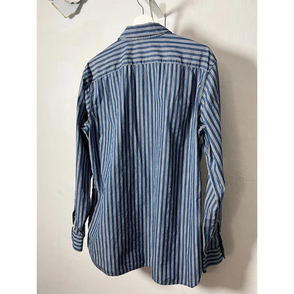 Banana Republic Pearl Snap Shirt Western Mens Size L Slim Fit Blue White Striped